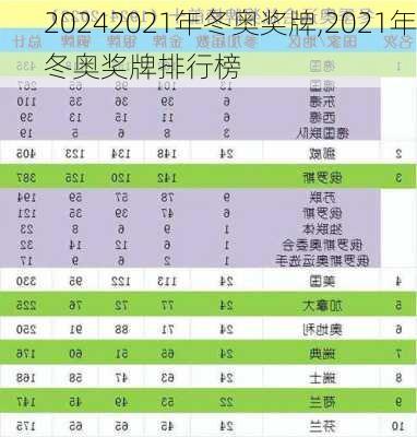 2021年冬奥奖牌,2021年冬奥奖牌排行榜