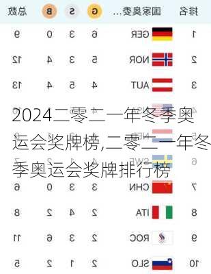 二零二一年冬季奥运会奖牌榜,二零二一年冬季奥运会奖牌排行榜